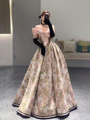 Gorgeous Floral Long Prom Dresses With Pink Bow, 2022 Prom Dresses, Newest Prom Dresses, Affordable Prom Dresses