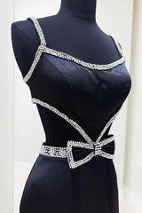 Black Satin Mermaid Prom Dresses With Beaded Straps And Waist Details, Newest 2025 Prom Dresses