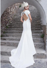 Chic Scoop Neck Bridal Gowna, Cap Sleeves Long Wedding Dresses,