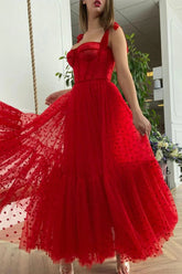 Corset Straps A-line Red Dots Midi Dresses, Long Prom Dresses, Holiday Dresses, Party Dancing Dresses