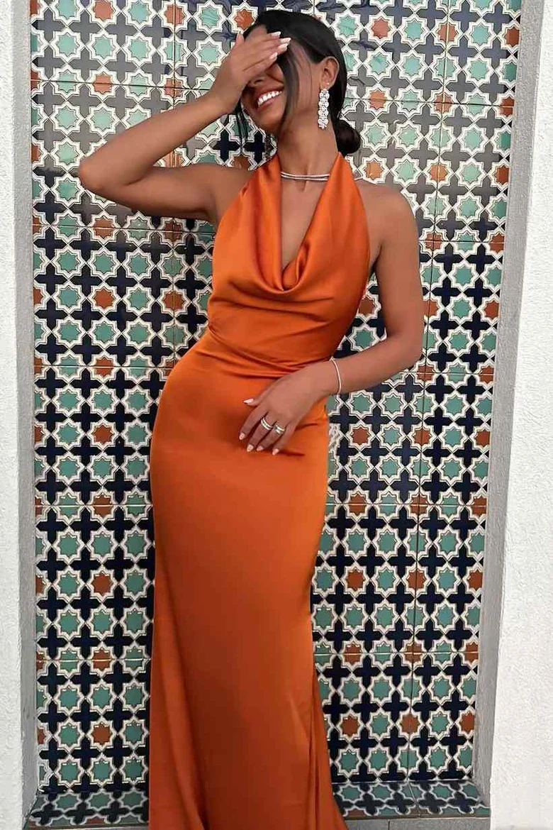 Chic Halter Bridesmaid Dresses, Mermaid Newest Long Prom Dresses, Satin Formal Dresses