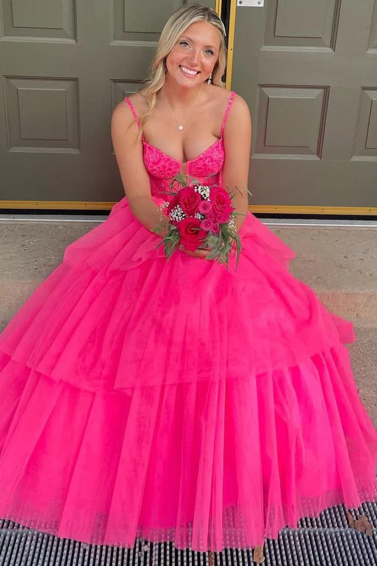 A-line Spaghetti Bridesmaid Dresses, V-neck Newest Long Prom Dresses, Hot Pink Wedding Dresses