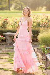 A-line Pink Chiffon Bridesmaid Dresses, Ruffles Newest Long Prom Dresses , V-neck Evening Party Dresses