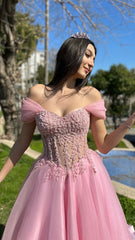 Elegant Lace Wedding Dresses, A-line Newest Long Prom Dresses, Tulle Strapless Bridal Gowns