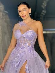 A-line Girl Graduation Tulle Party Dresses, Sweetheart Newest Long Prom Dresses, Lace Wedding Guest Dresses