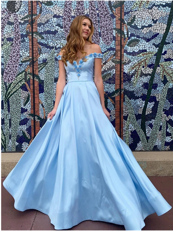 A-line Satin Long Prom Dresses, Off The Shoulder Appliques Prom Dresses