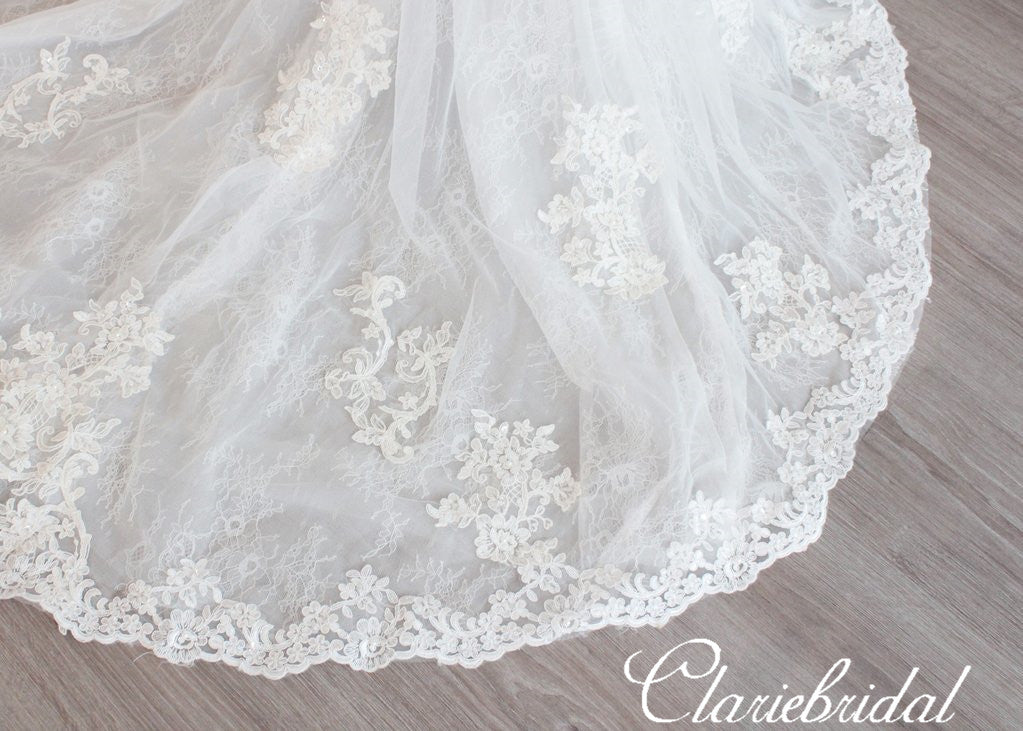 Cap Sleeves iIlusion Lace Mermaid Tulle Wedding Dresses, Bridal Gown