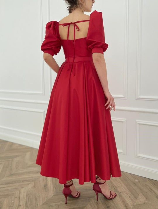 Buuble Sleeve Red Satin Prom Dresses, Front Slit Prom Dresses, Elegant Long Prom Dresses, 2022 Affordable Prom Dresses